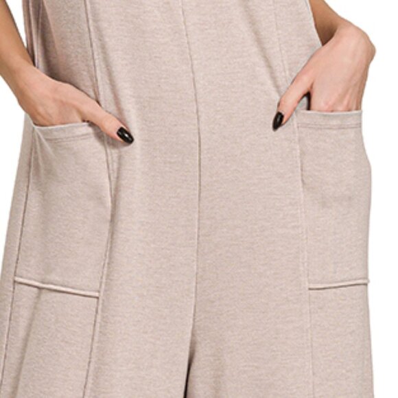 FRENCH TERRY DEEP V-NECK JUMPSUITS | Ash Mocha - Picture 4 of 5